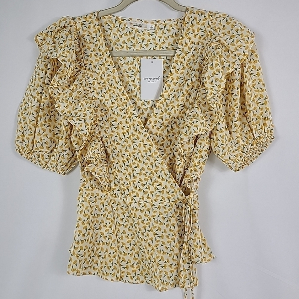 NEW Inmod Los Angeles Women's Folksong Floral Wrap Top in Yellow Size L